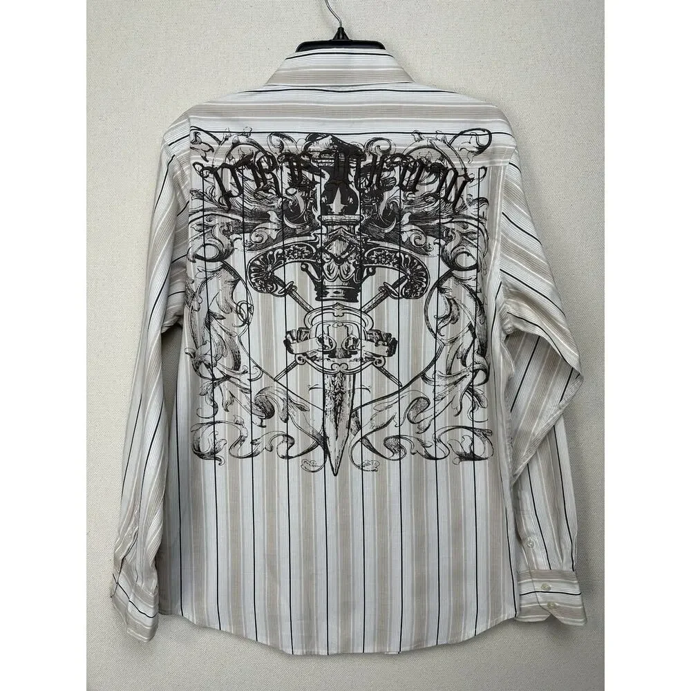 Revolve‎ Shirt Mens Tan Embellished Emroidered Button Long Sleeve Sz Lg Y2K